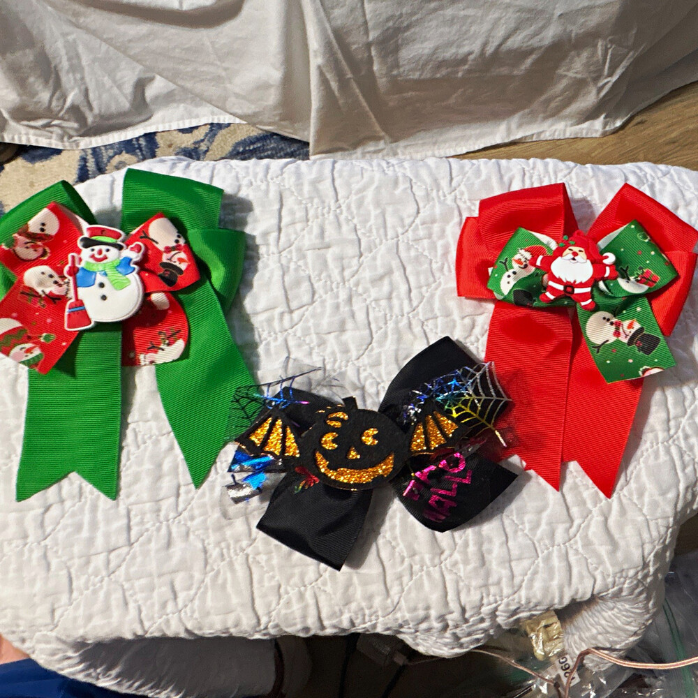 Girls Grosgrain Ribbon Bow Hair Clips Lot 3 Santa Snowman Pumpkin Multicolor